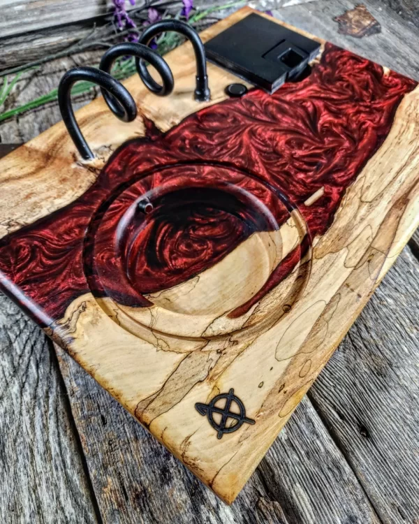 Spalted Maple Infused Grain with Black Textured Hardware and Deep-Red Metallic River